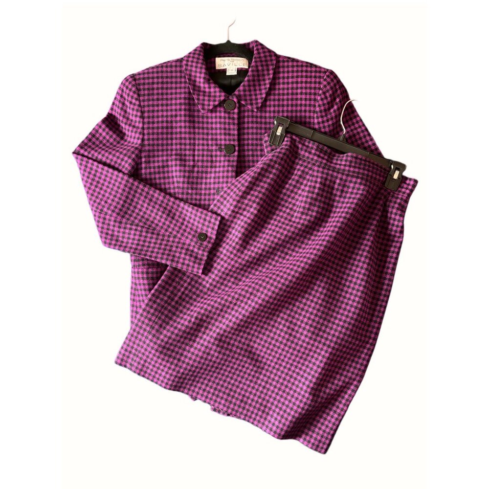 Rena Rowan for Saville Pink & Black Plaid Wool Blazer + Skirt Set